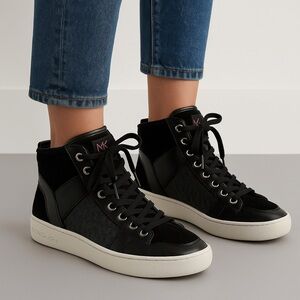 Michael Kors Black Paige High Top Leather/Suede Sneakers Size 10M